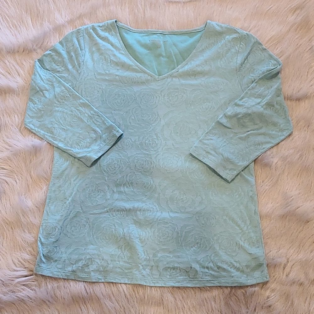 Coldwater creek womens teal 3/4 sleeve illusion rose print v-neck shirt‎ size xs